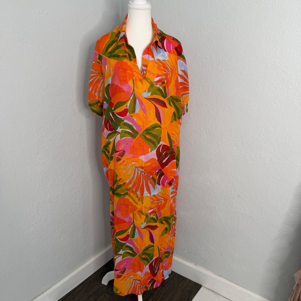 C&C California Womens Tropical Palm Print Linen Blend Maxi Kaftan Dress Medium